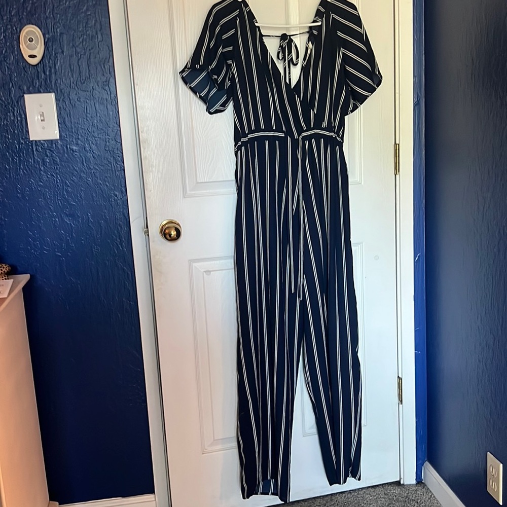 Blue and white stripped jumpsuit